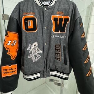 Off white Grey Orange Varsity Jacket Authentic Leather Wool Size Large L